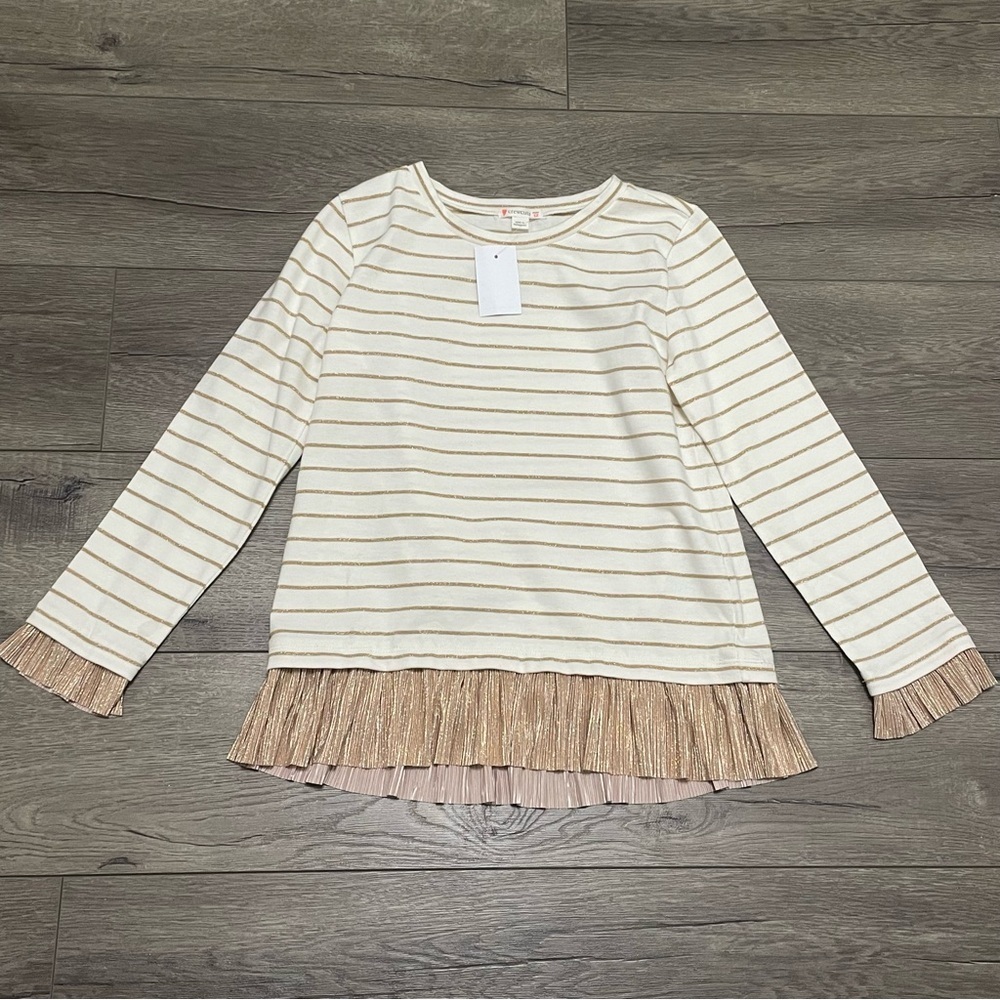 Crewcuts Girls T Shirt Cotton Ivory Gold Striped Long Sleeve Crew Neck Sz 12 NWT